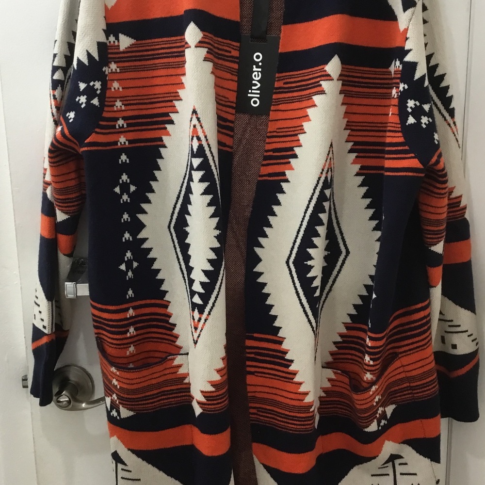 Oliver.O Orange, blue and cream Aztec Southwestern long cardigan NWT size XL - Picture 4 of 4